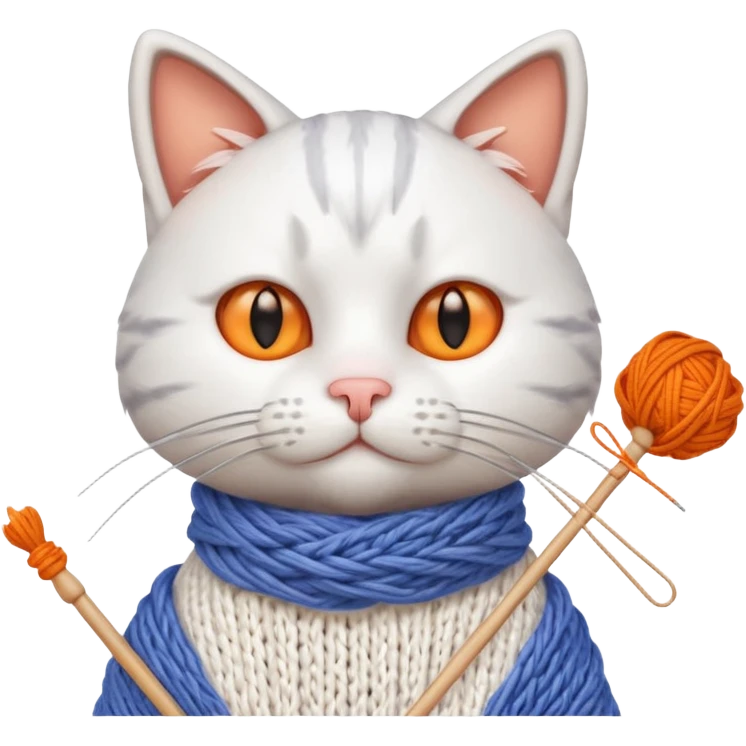 knitting cat portrait, head and shoulders only, cute cat holding knitting needles and yarn, cozy expression, warm handmade vibe, 3D cartoon style, mobile game icon style, clean background, no text, no watermark
 emoji