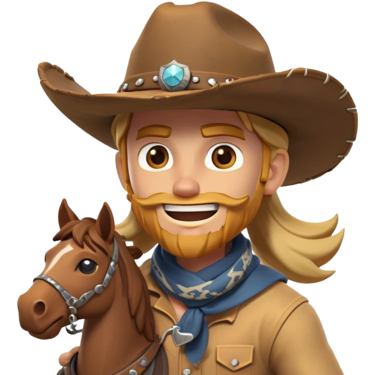 clash-of-clans-aesthetic_-cinematic-playful-cowboy-portrait-emoji, head-tilted with a roguish, cheeky grin and twinkling eyes, featuring a rugged, spirited build with a wide-brimmed cowboy hat and a weathered bandana on tan skin, riding a powerful galloping horse with dynamic flowing mane, reins gripped firmly in one hand and a lasso in the other, as dust swirls behind them in a vast desert landscape. emoji