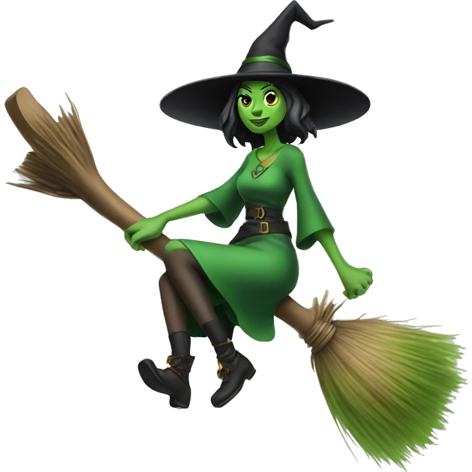 A witch on a broom green skin emoji
