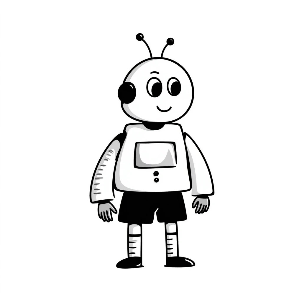 Hand-drawn android robot with antennas and friendly face emoji