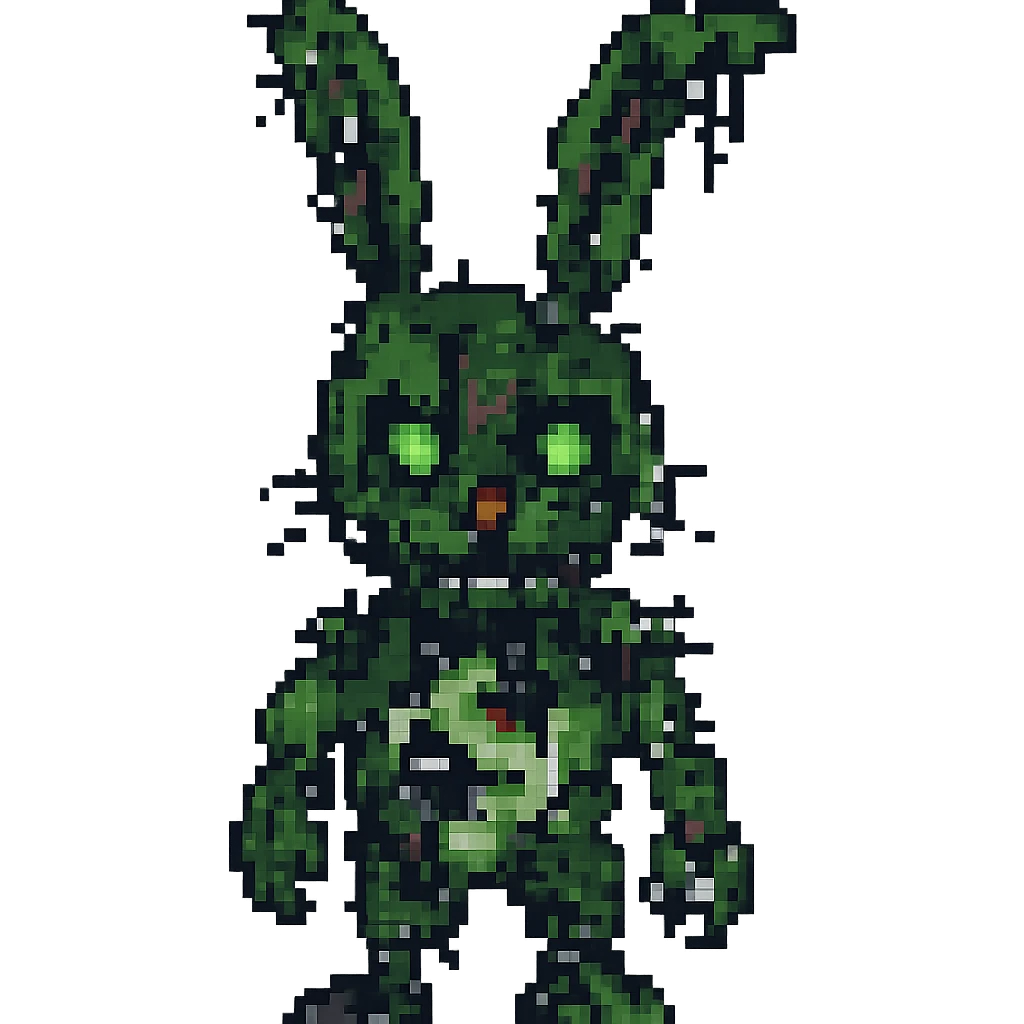 Increase the damage on Springtrap, add more rips, missing chunks, and visible endoskeleton in pixel art style. Remove background. emoji