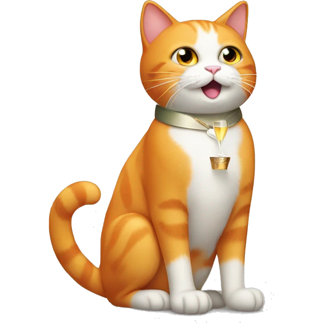 An orange cat with a white belly and white feet and some white on his face and chest carrying a champagne bottle at a party emoji