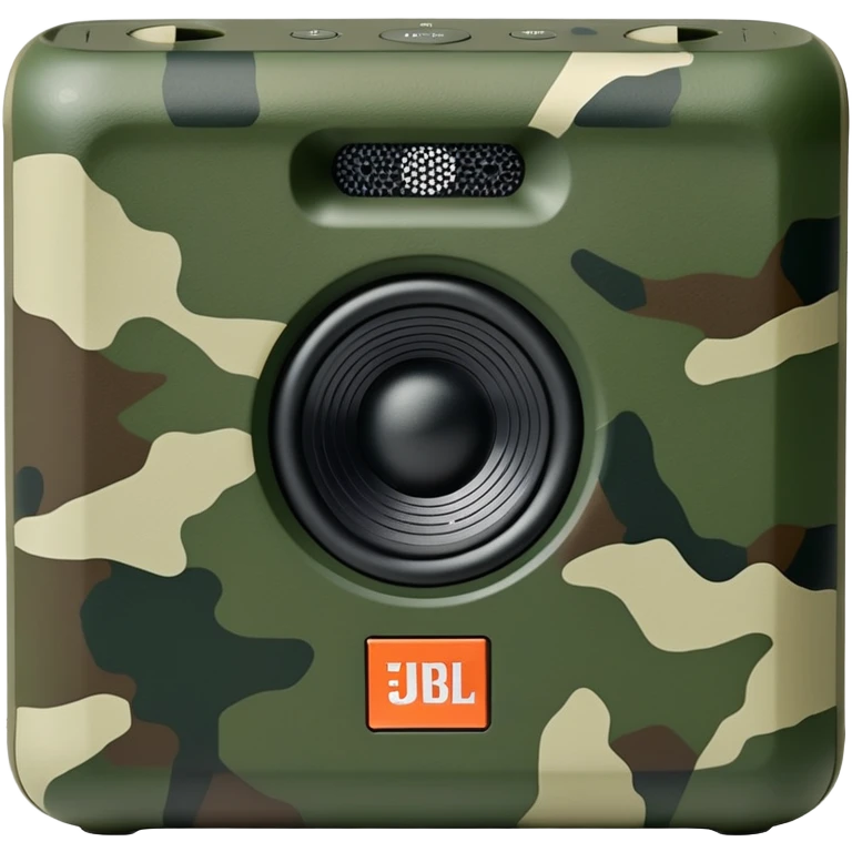 JBL Go 4 speaker in army camouflage print, minimal design aesthetic, compact speaker with simplified details, military pattern emoji