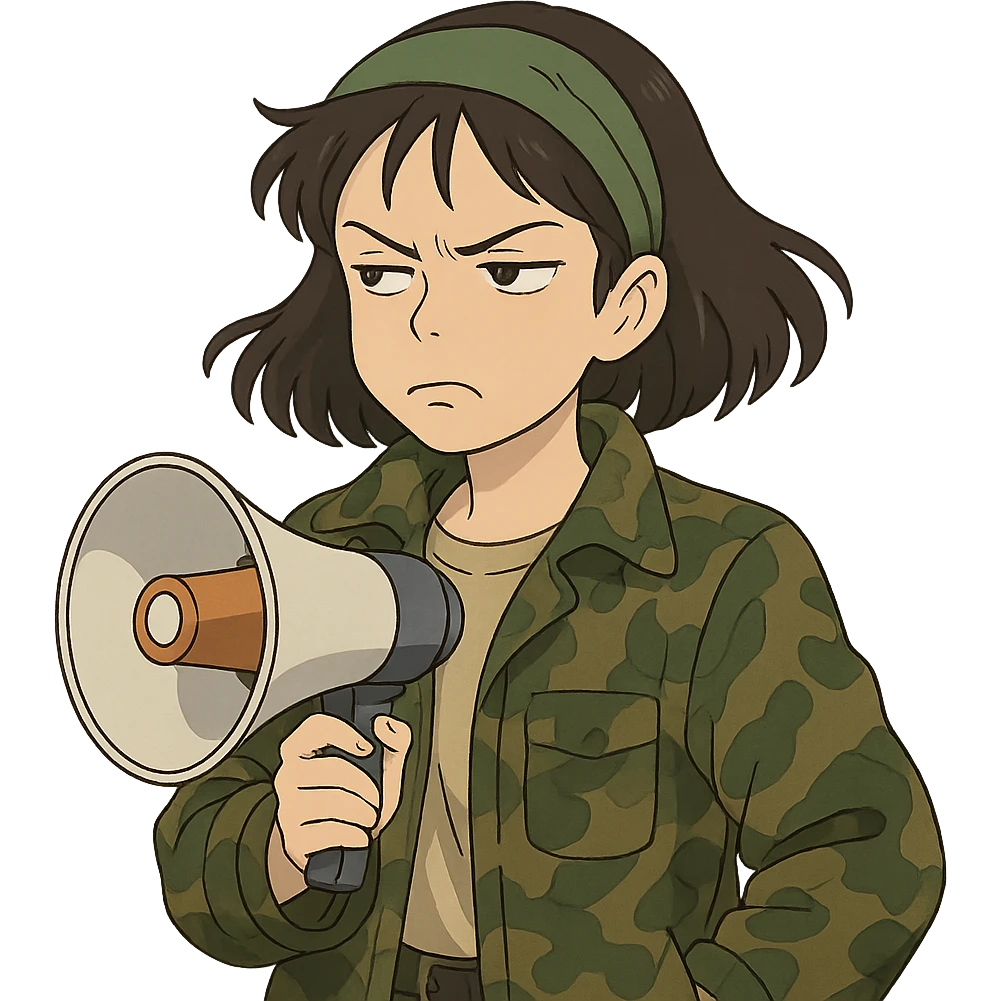 anime style woman with a green headband, camo jacket, holding a megaphone, with an aesthetic and stylish look, expression of disdain or anger, conveying dislike for elite people, ghibli style emoji