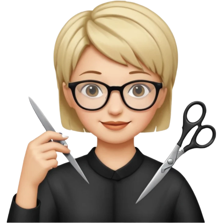 Happy woman with very short hair and glasses having haircut emoji emoji