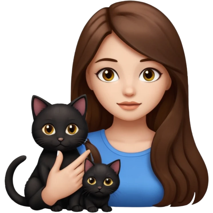 pretty girl with brown long hair and makeup, black kitten sitting beside her, emoji style emoji
