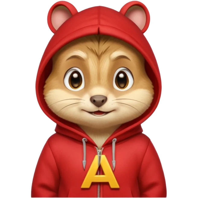 Portrait of a cartoon chipmunk with light brown and beige fur, wearing a red hoodie with a yellow 'A' on it, big round eyes, small nose, and a mischievous grin, front-facing, stylized in animated movie style emoji