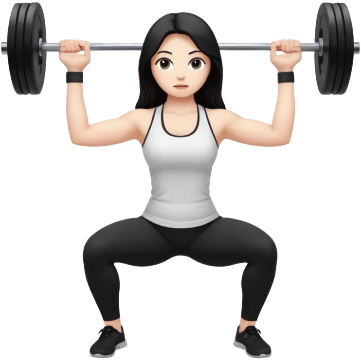 Девушка белокожая, с длинными темными волосами, в одежде для йоги - черные лосины, белый топ, делает присед со штангой 100 килограмм, правильные пропорции тела, только человек emoji