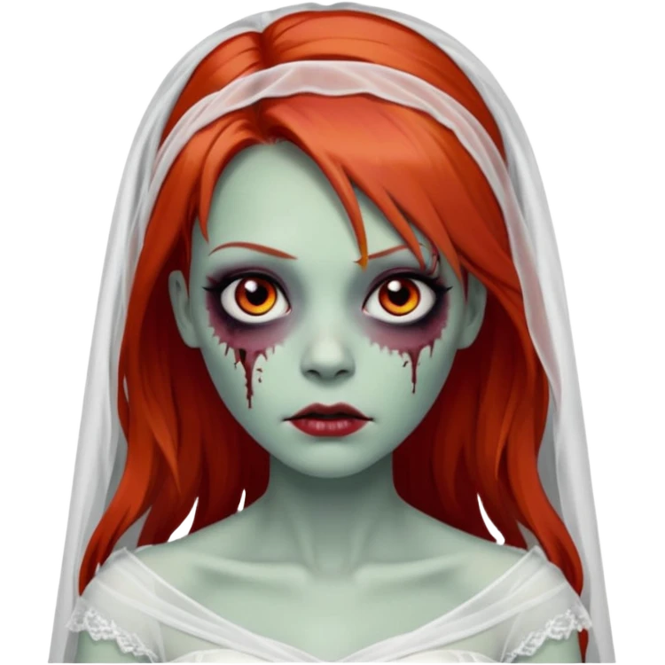 девушка зомби невеста с фатой, с рыжими прямыми волосами по плечи, с черными макияжем глаз, тонкими бровями, в стиле Apple avatar emoji
