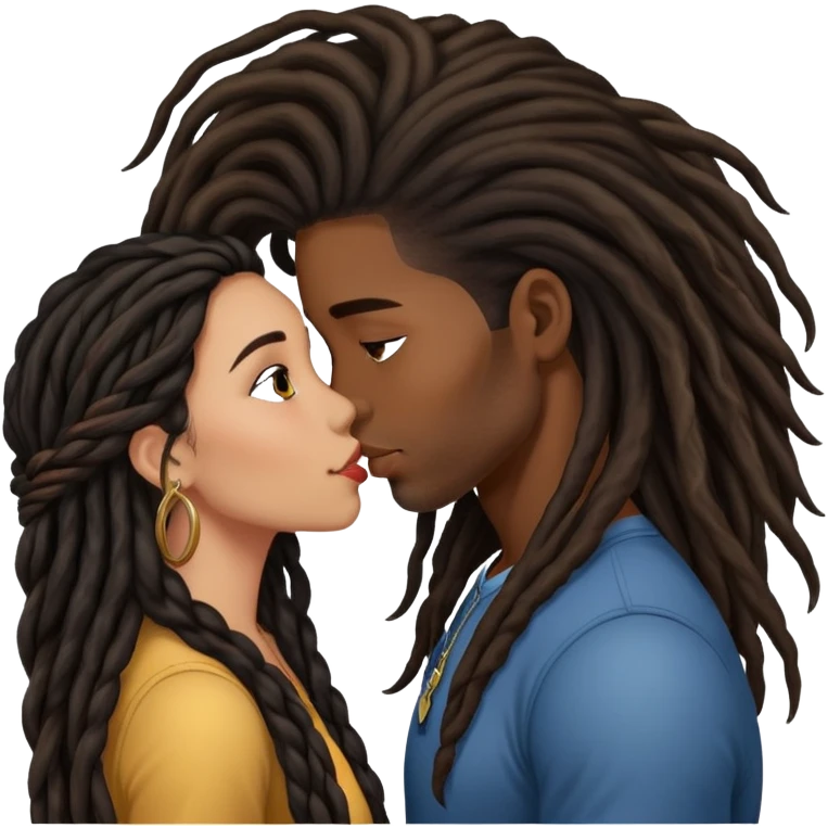 Latina Woman with long hair kissing a young black guy with dreads chin hair emoji
