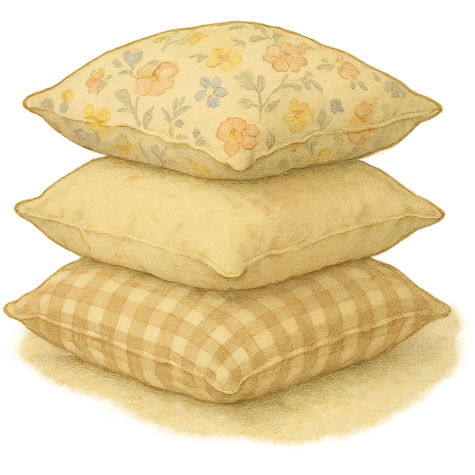 realistic stack of three pillows, floral, plain and gingham pillowcases, natural colors, soft, fairy-like atmosphere, no background, square size emoji