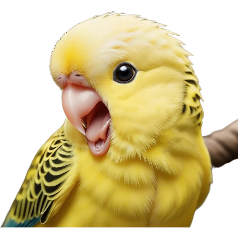Cinematic Cute Yawning Yellow Budgie Portrait Emoji, Head tilted slightly with a dramatic, wide-open yawn, showcasing a soft, downy yellow feathered fur with gently drooping wings, round dark eyes barely open in drowsy contentment, Simplified yet irresistibly adorable features, highly detailed, glowing with a soft, cozy glow, high shine, relaxed yet expressive, stylized with a touch of whimsy, bright and endearing, soft glowing outline, capturing the essence of a sleepy yet affectionate budgie, so drowsy it feels like it could stretch out of the screen and curl up for a nap! emoji