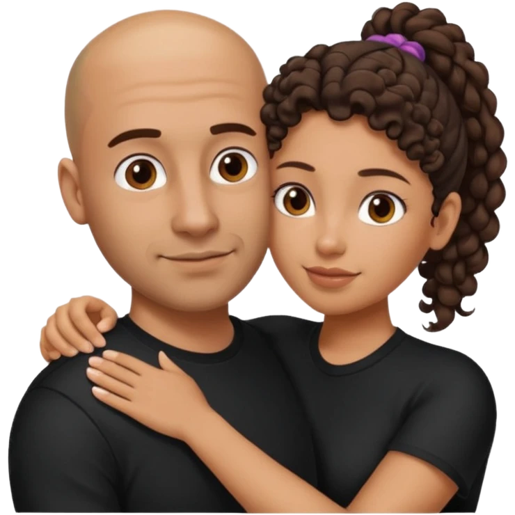 A picture of a tanned couple embracing. the man is a Mexican man with tanned skin, a bald hair cut, short beard and wearing a black shirt. the woman is mixed, with curly brown hair in a pony tail and with big boobs  emoji