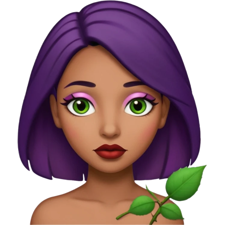 Big brown Puerto Rican skin colored dildo inside a juicy mouth that has lips shaped like rose buds  with blackish purple hair and Italian skin color with green almond shapes eyes, magical mouth with of mouth  emoji