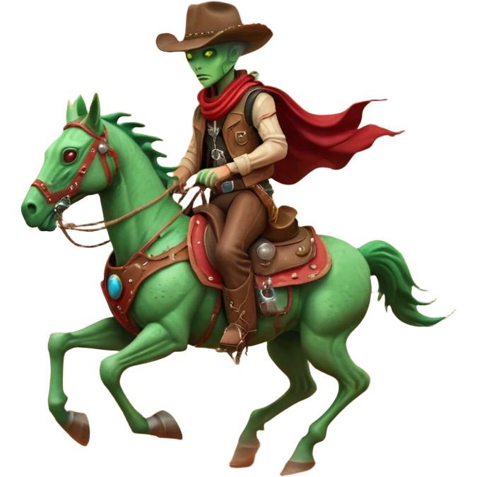 An alien cowboy riding a mechanical horse across a red Martian desert, two moons in the sky, dust storm swirling, wide cinematic shot, dramatic composition, hyper detailed, sci-fi western fusion emoji