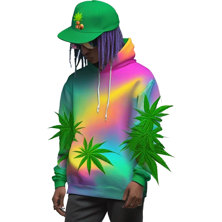 Hemp leaves Multicoloured neon person smoking wearing hoodie dancing hip hop bucket hat tropical Skater fashion aesthetic baggy clothes graphic t shirt 420 emoji