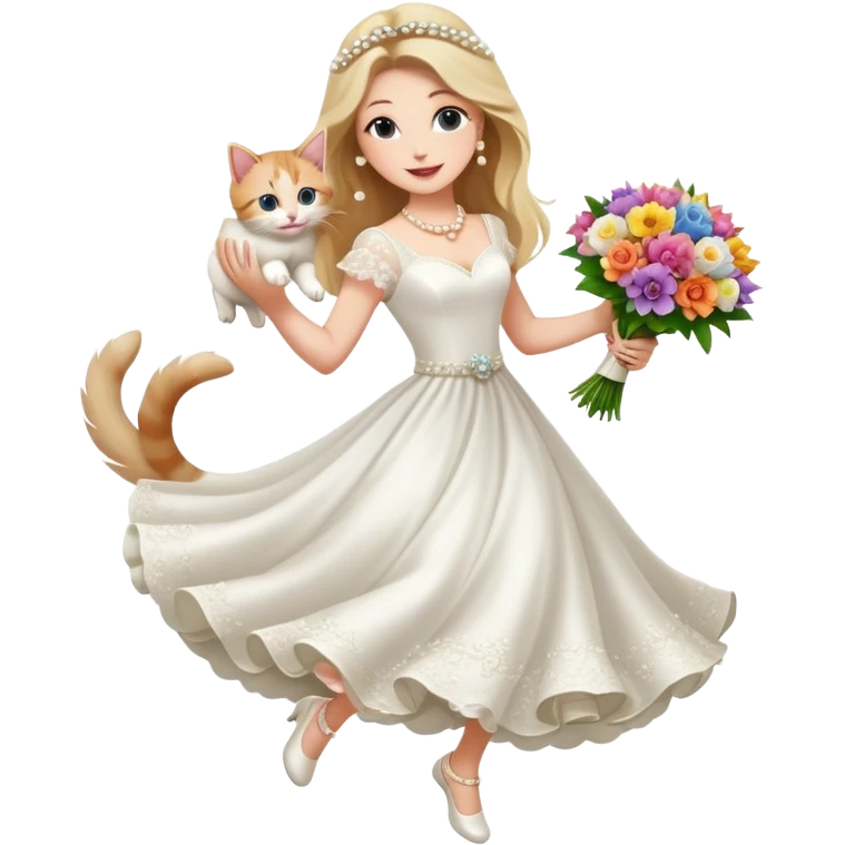 White woman - long hair - white wedding dress - holding a kitten - happy - jumping - fashionable - elegant - bouquet - dreamy - colorful - pearl accessories emoji