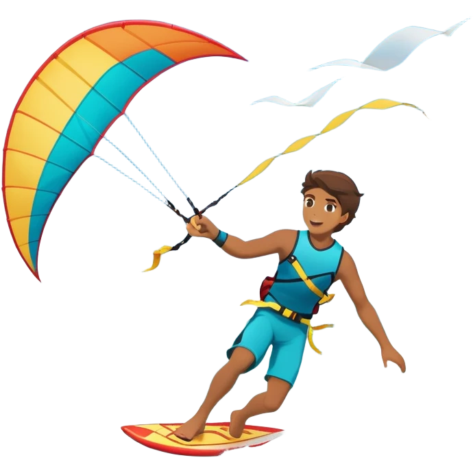 A kite surfer soaring above the waves, holding onto a kite with the wind in full force. The background showcases the ocean and sky, emphasizing the freedom, thrill, and energy of the sport. The motion of the kite and board is dynamic, capturing the excitement of kiting. emoji