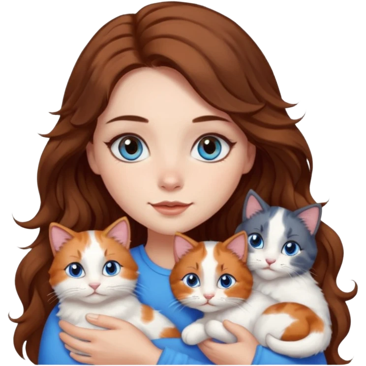 girl with long wavy brown hair, blue eyes, long lashes makeup, cuddling with 6 cats emoji