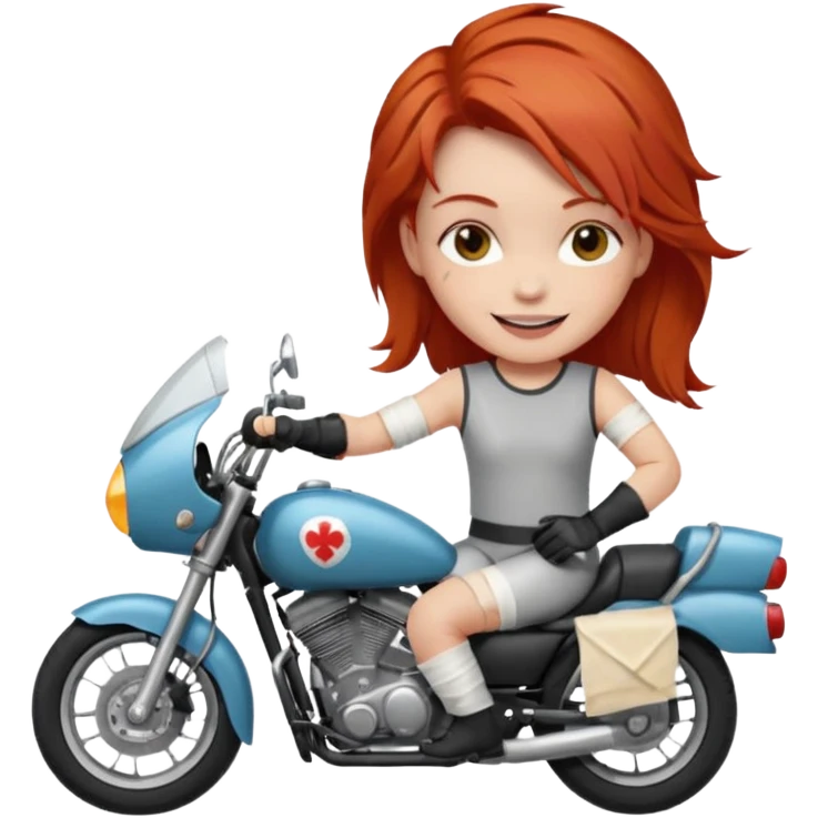 an injured red head cheekily smiling on a morotcycle emoji
