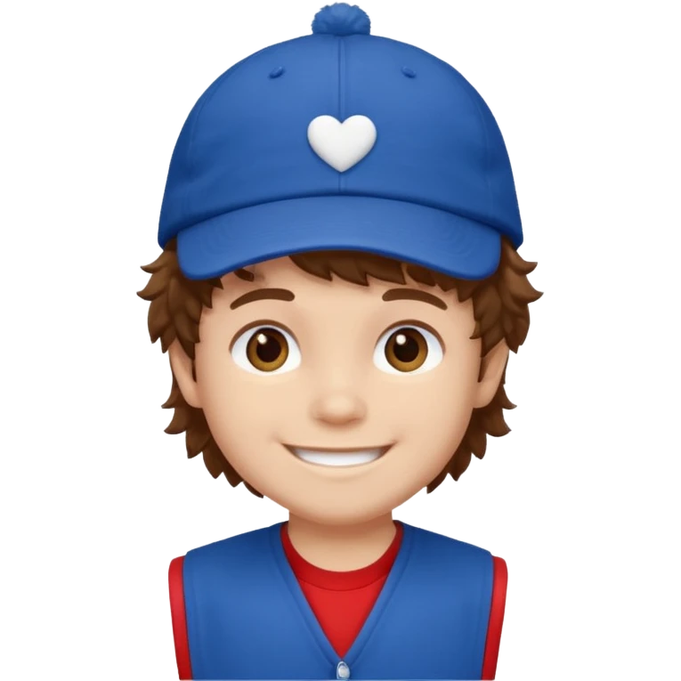 brown fluffy hair kid with blue and white cap dark blue jilet red t shirt emoji