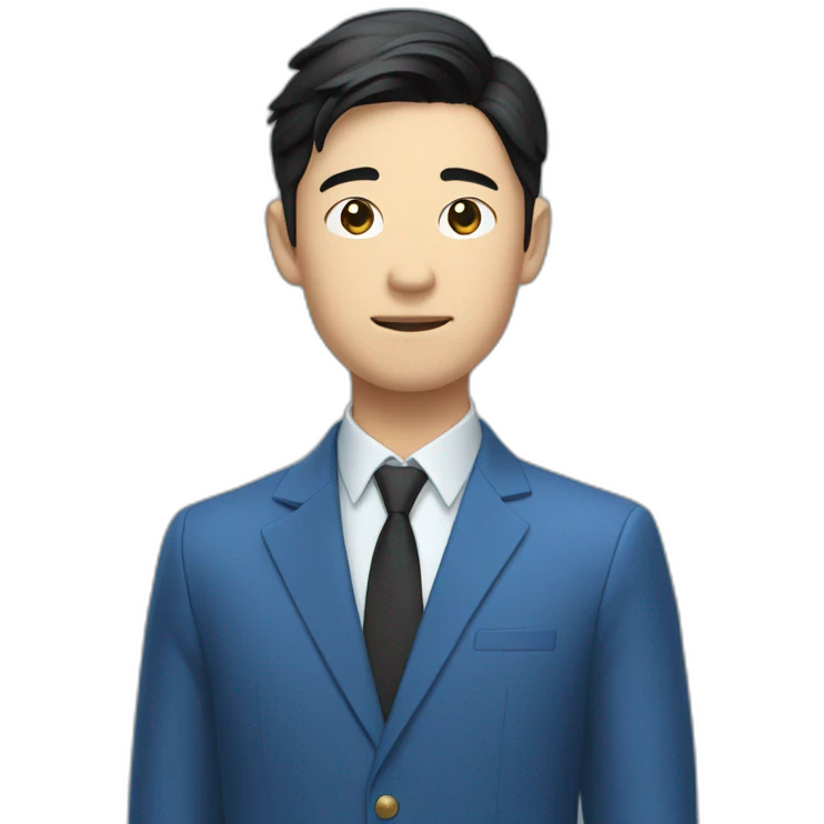 young asian deputy in blue suit and very short black hair waves his hand emoji