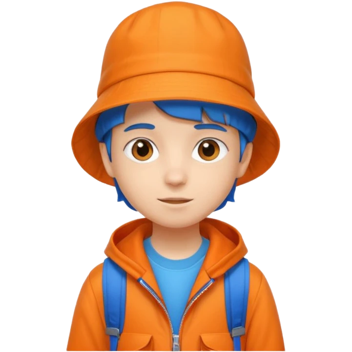 A little student with bucket hat, orange jacket, blue backpack emoji