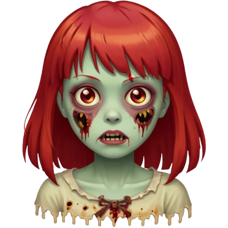 Uma menina de franja cheia, cabelos vermelhos e olhos de mel zumbi emoji