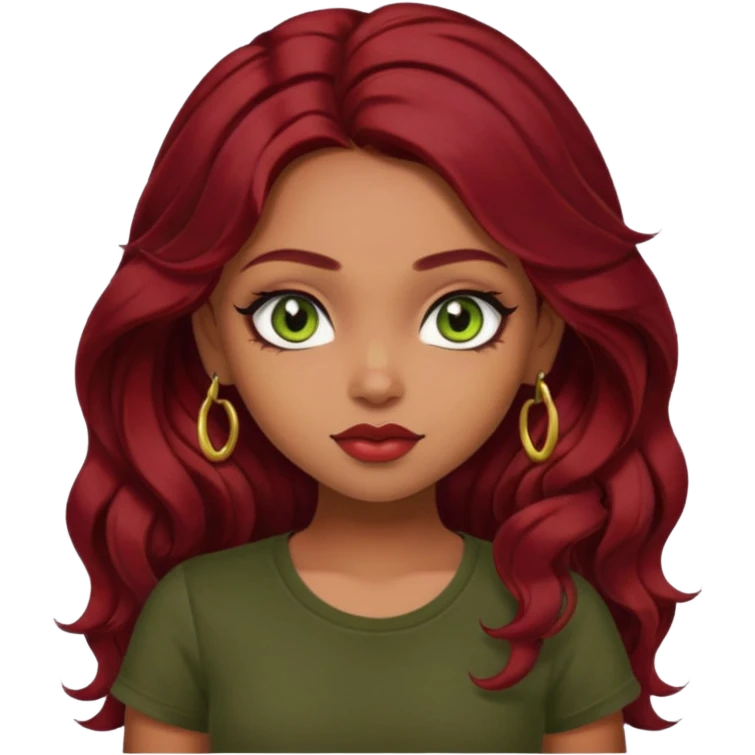 a pretty FAIR indian bratz girl with wavy dark red hair, wearing a black tee. eyeliner on, olive green eyes.  emoji