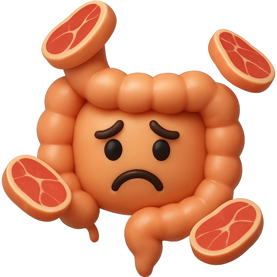 emoji stile iphone in 3d di un intestino triste con fette di carne che gli fluttuano intorno emoji