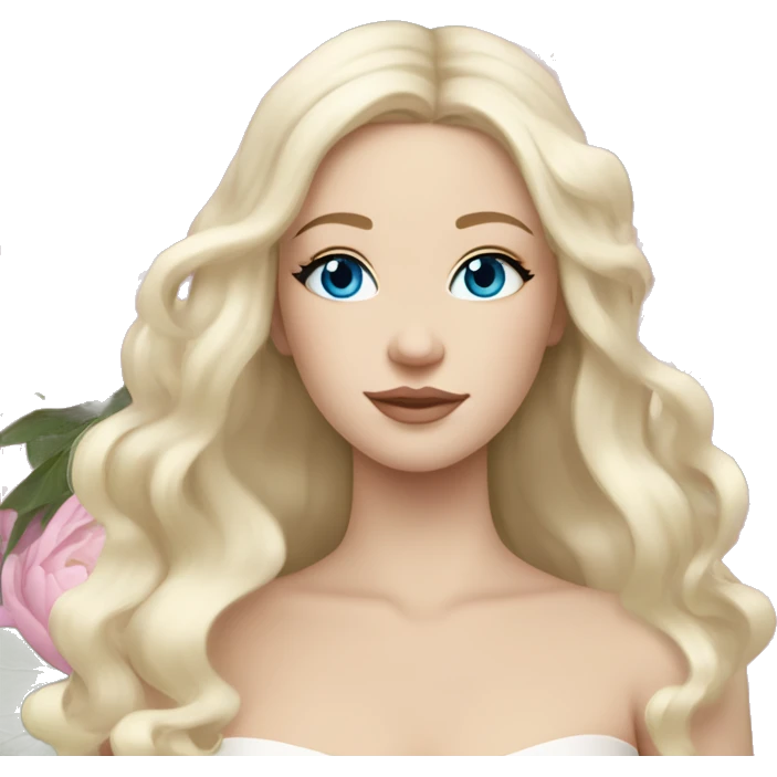 White bride with long light blonde hair and blue eyes with light pink peonies in hair white skin  emoji