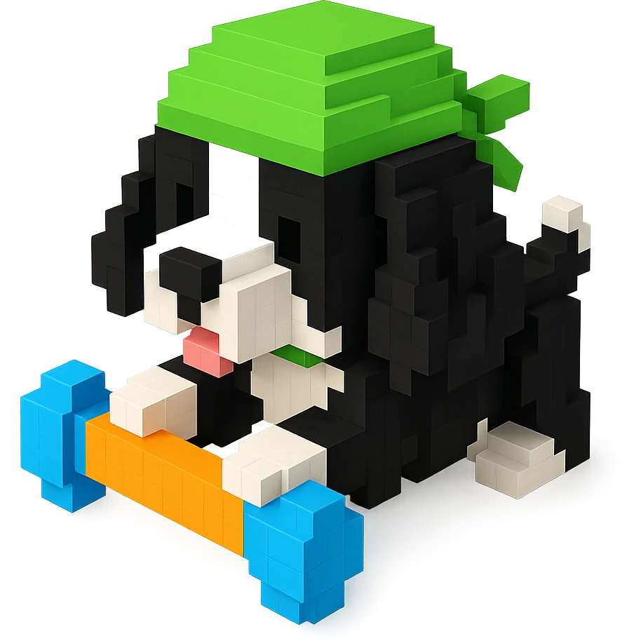 A black and white Russian Cocker Spaniel puppy wearing a green durag, voxel style, playing with a toy emoji