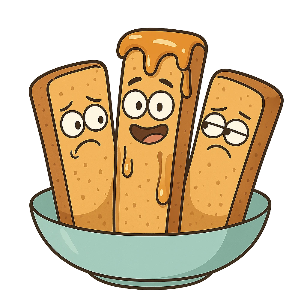 french toast sticks, with syrup drizzle, cartoon style, white background emoji