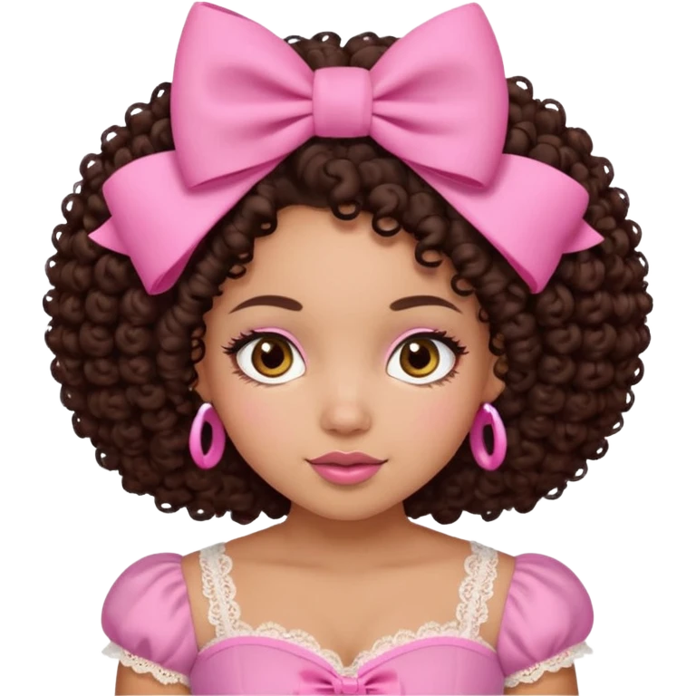medium-light kinned afro-latina girl with medium length chocolate brown side part curly hair, brown eyes, pink sweetheart necklined top with lace, round wide-ish nose, chubby long shaped face, pink bow emoji