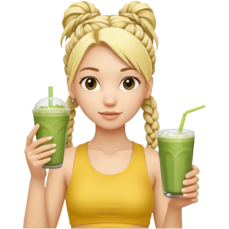 blondy girl with boho braids ponytail wearing in yellow butter gym set holding a matcha drink with ice emoji