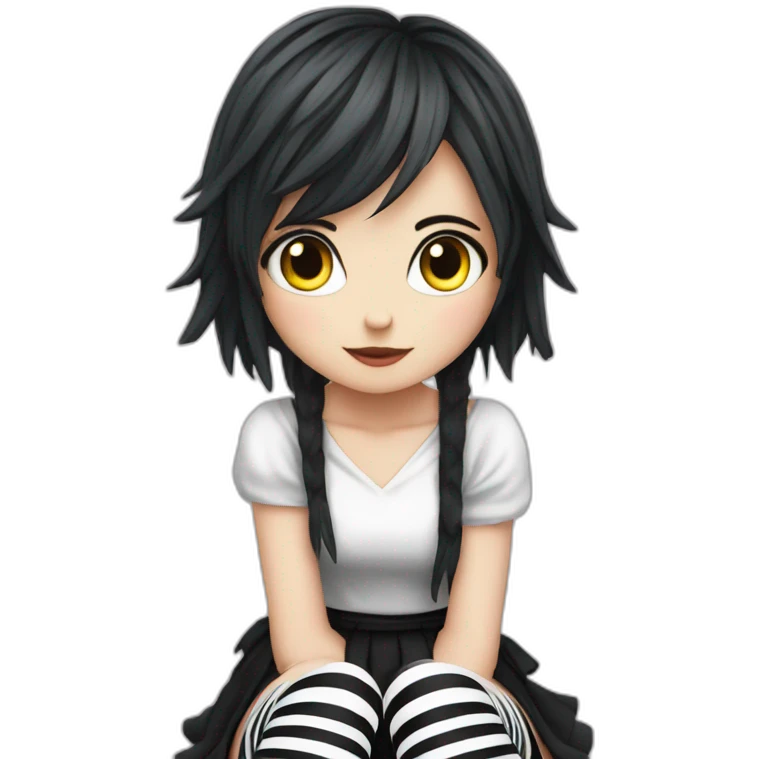 Frontal view curvy emo girl sits white skirt striped stockings hands up emoji