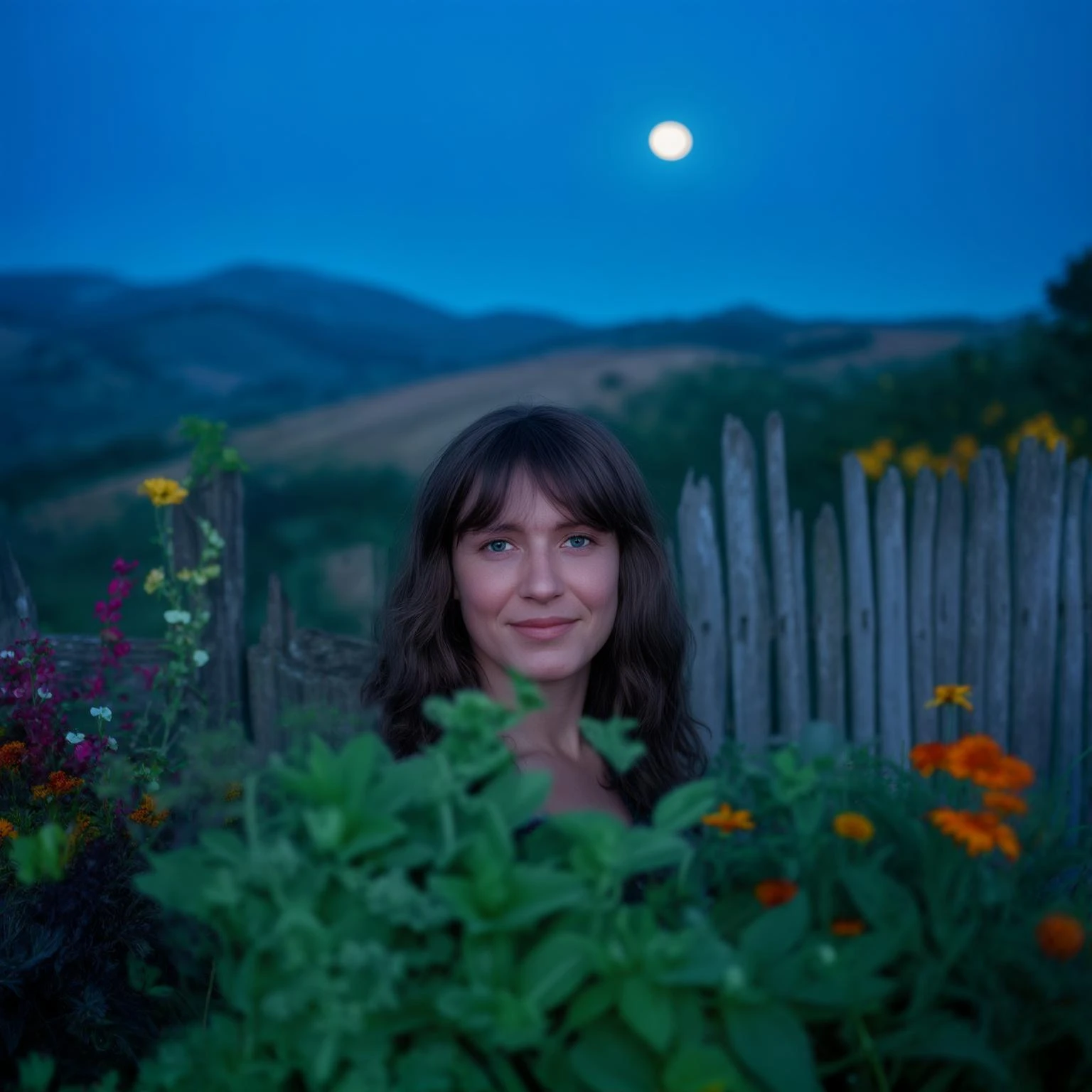 A portrait of a white person in the foreground, blurred plants in the foreground, a wooden fence and colorfull flowers in the midground, rolling hills in the background, cinematic depth of field, layered composition, moon back light (Blue night) emoji