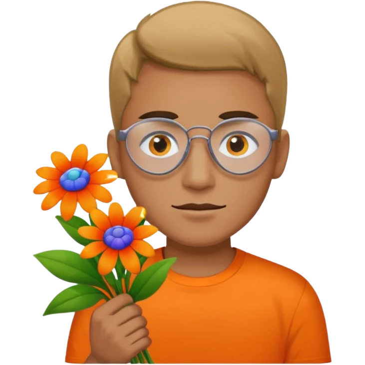 Man with bright orange shirt shirt carrying a bunch of flowers with a patch over his right eye emoji