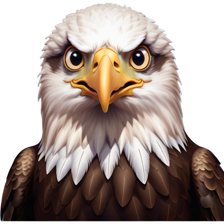 Cinematic Comical American Eagle Portrait Emoji, Head tilted dramatically with an exaggeratedly shocked expression, featuring a robust, powerful form with wide, comically expressive eyes full of playful disbelief and a mix of stark white and dark plumage, Simplified yet hilariously expressive features, highly detailed, glowing with a slightly sassy majestic glow, high shine, dramatic yet playful, stylized with an air of cheeky aerial mischief, soft glowing outline, capturing the essence of a meme-worthy American eagle that looks ready to side-eye its way into viral fame! emoji