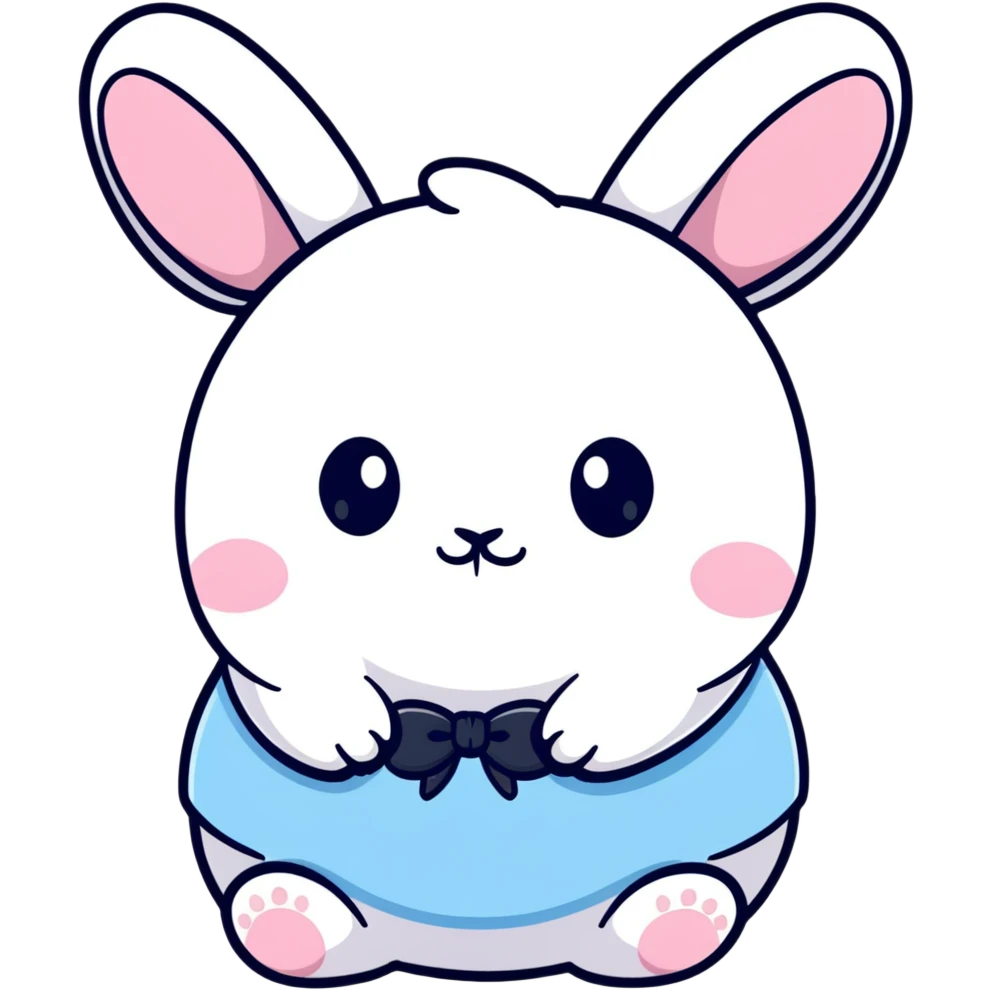 A chubby bunny character in exact Sanrio style like Kuromi and Cinnamoroll, ultra cute, super simplified kawaii design, oversized head on tiny body, rosy cheeks, small dot eyes, simple bow, pastel pink and soft blue colors, pure white face, thick black outline emoji