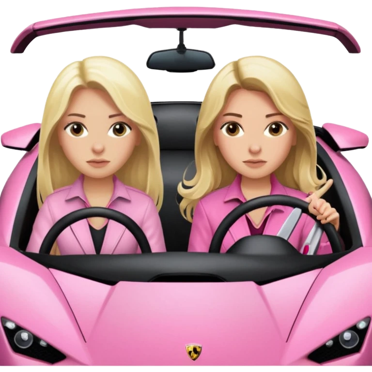 Make car far away so I can see full car Car facing forward in pink sports car. Make hair long are not smiling but very pretty. One girl is blonde, one girl is brunette. Front of car sitting in the seats. Make it a pink sports car. They are two baddies make it a Lamborghini pink car  emoji