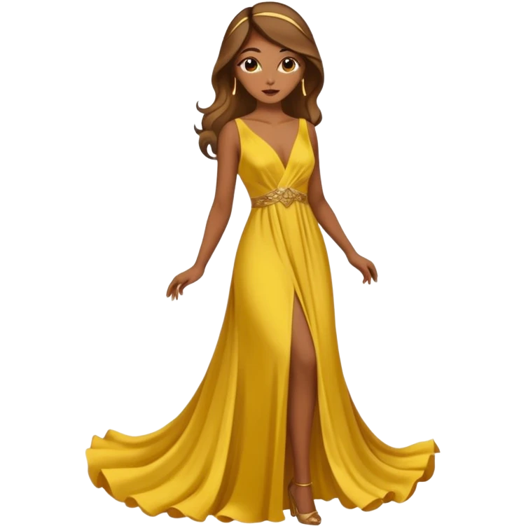 Woman using a long elegant yellow dress. She has medium skin tone and a brown with gold makeup emoji