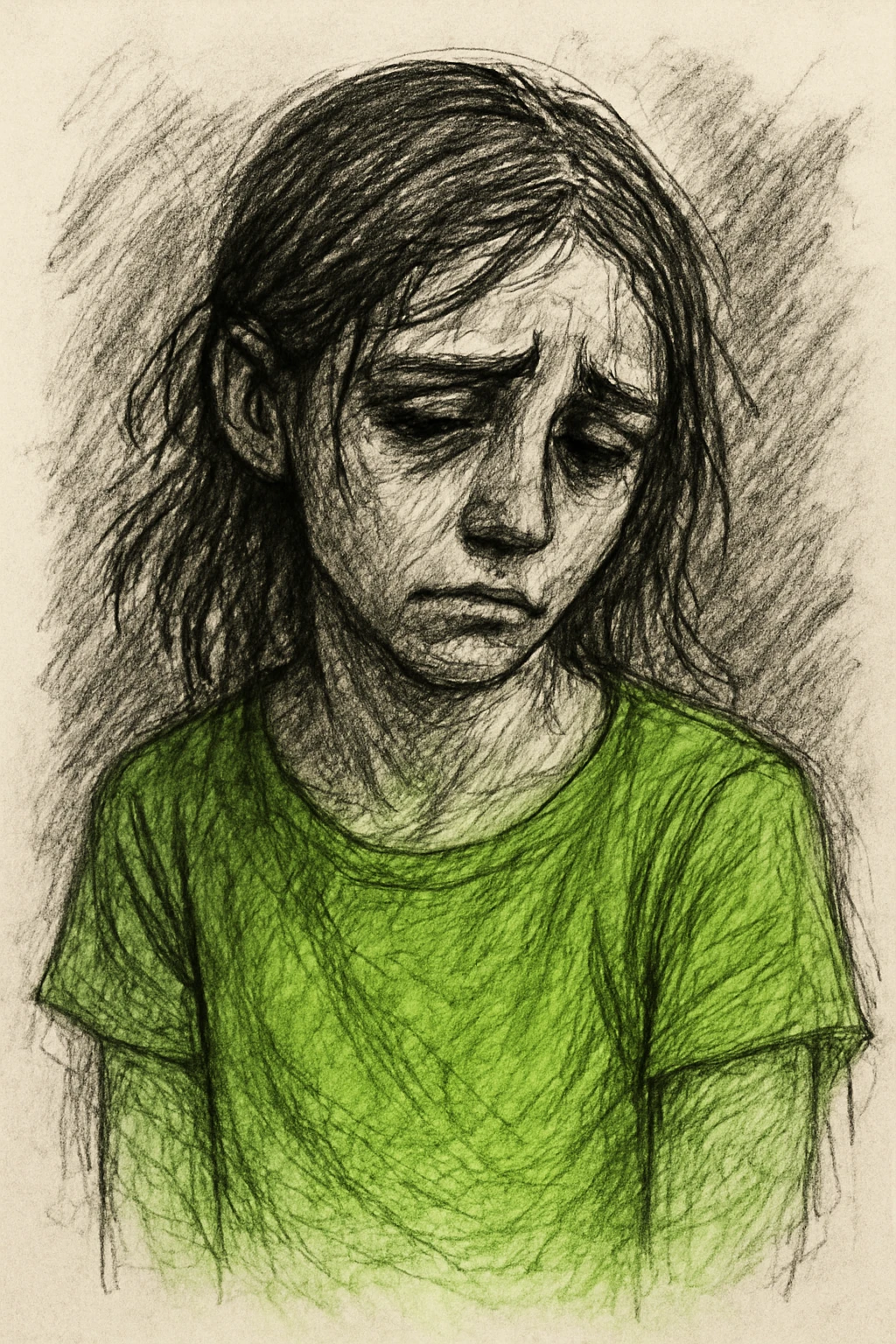 Sad girl wearing a bright green parrot green t-shirt, in pencil sketch style, with an opaque background. Use verbose prompts for detailed pencil sketch style. emoji
