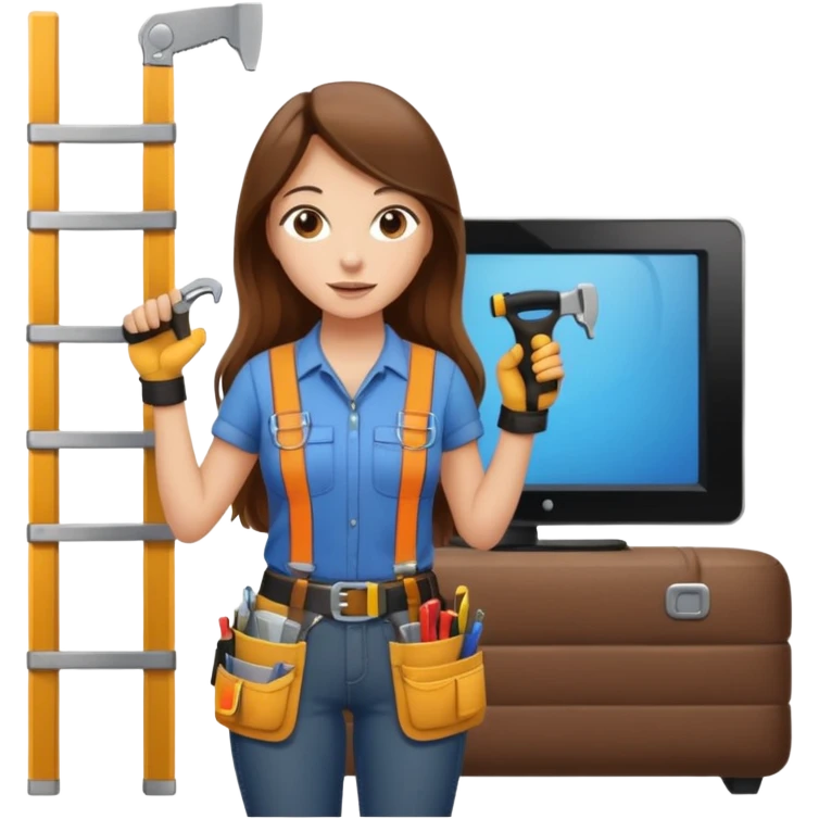 beautiful girl with long brown hair constructing new lounge room area with flat screen tv and couch emoji
