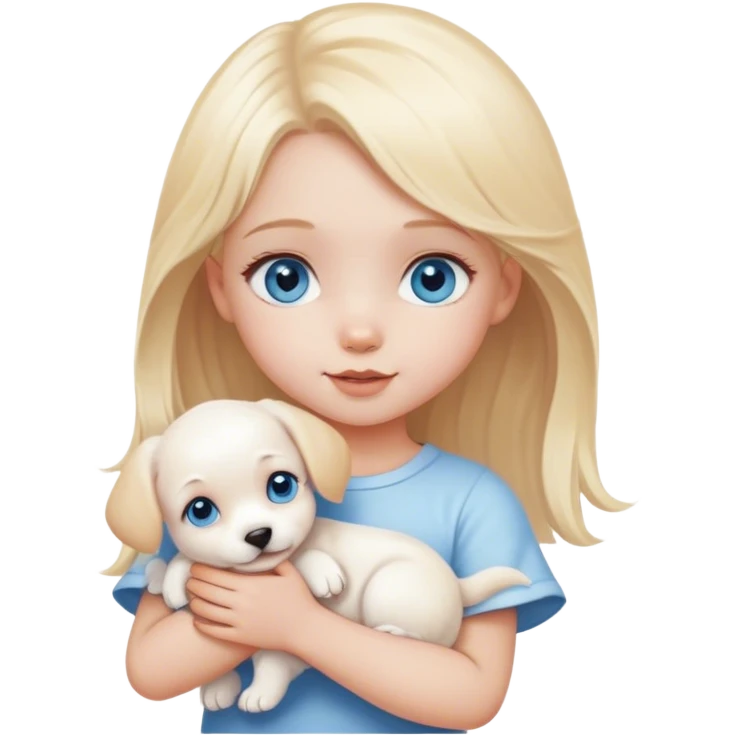 cute little girl with blonde hair and blue eyes holding cute white puppy emoji
