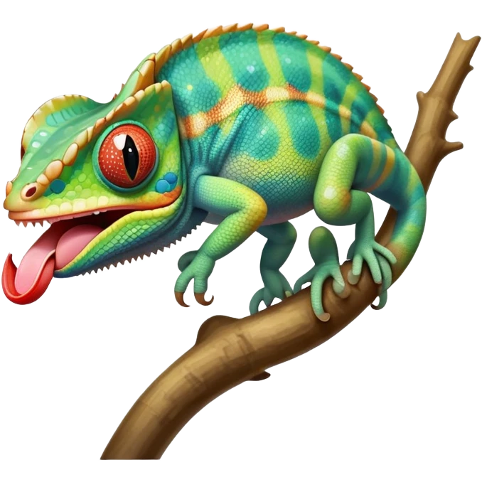 cinematic cute -chameleon-realistic emoji, mouth wide open with tongue out catching prey, -blending-with-vibrant-greenery.-detailed-scales-in-shifting-colors,-showing-the-chameleon’s-ability-to-camouflage.-soft-natural-light-highlights-its-texture.-light-background, zoomed into its face emoji