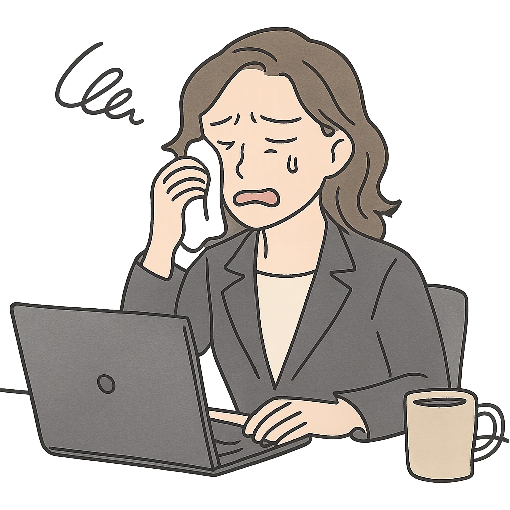 upset office worker wiping tears, open laptop, coffee mug, workplace stress visible, emotional expression emoji