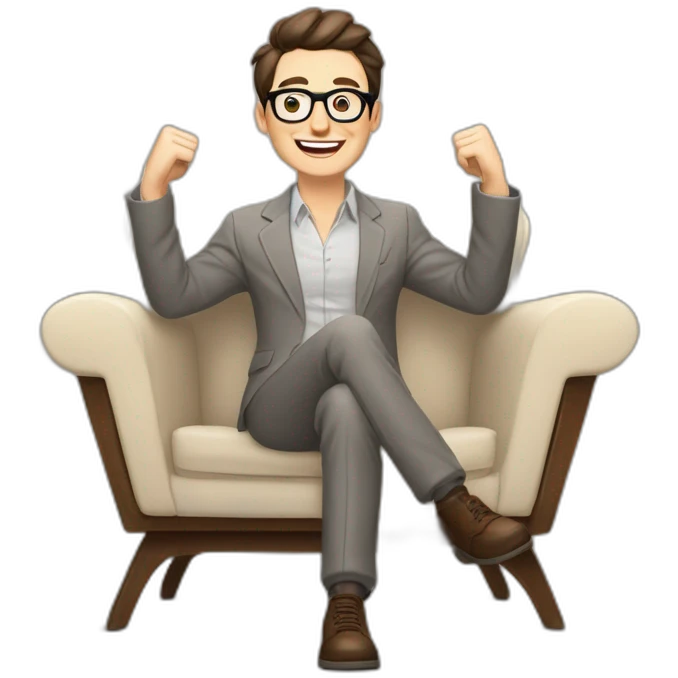 Joyful Celebrating victory Hands up Pale skinned Fit Man With dark brown hair in gray jacket, beige office shirt, Brown pants and vintage glasses sitting In a soft chair emoji