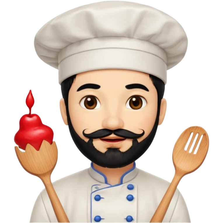 CHEF CON PELO NEGRO Y BARBA NEGRA, OJOS MARRON OSCURO. SONRIE Y TIENE MARCAS DE BESOS CON PINTALABIOS emoji