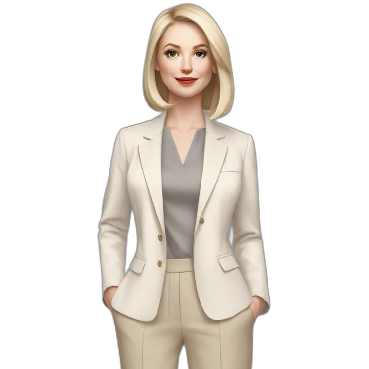 pale skin woman with ash blonde Straightened bob Hair, White Spacious classical jacket, beige palazzo Arrow pants and gray blouse holding a color palettes in the hands emoji